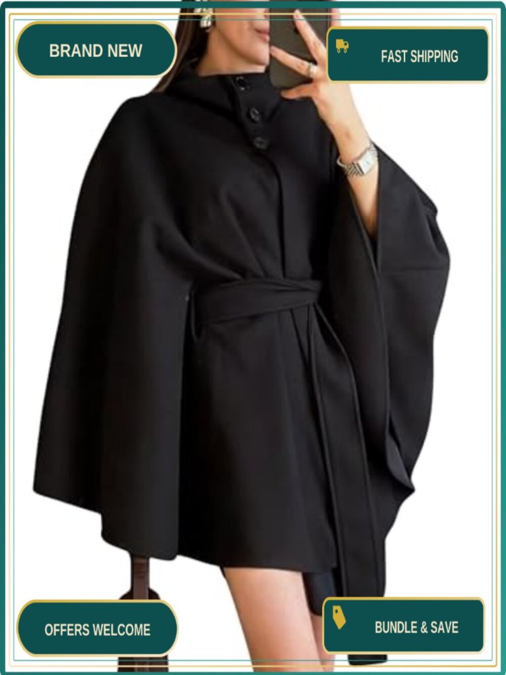 Wool Blend Belted Poncho Cape Coat Batwing Sleeve Stand Collar Trench Outerwear